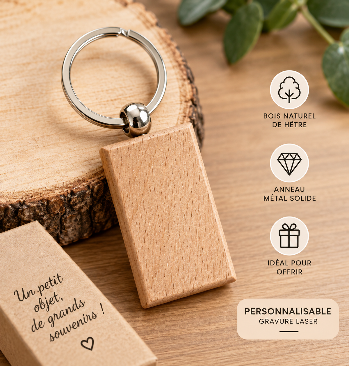 🔑 Porte-clés personnalisé en bois de hêtre – 3 × 5 cm
